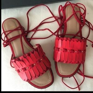 Maje Red Studded Suede Trimmed Fringed Sandals
